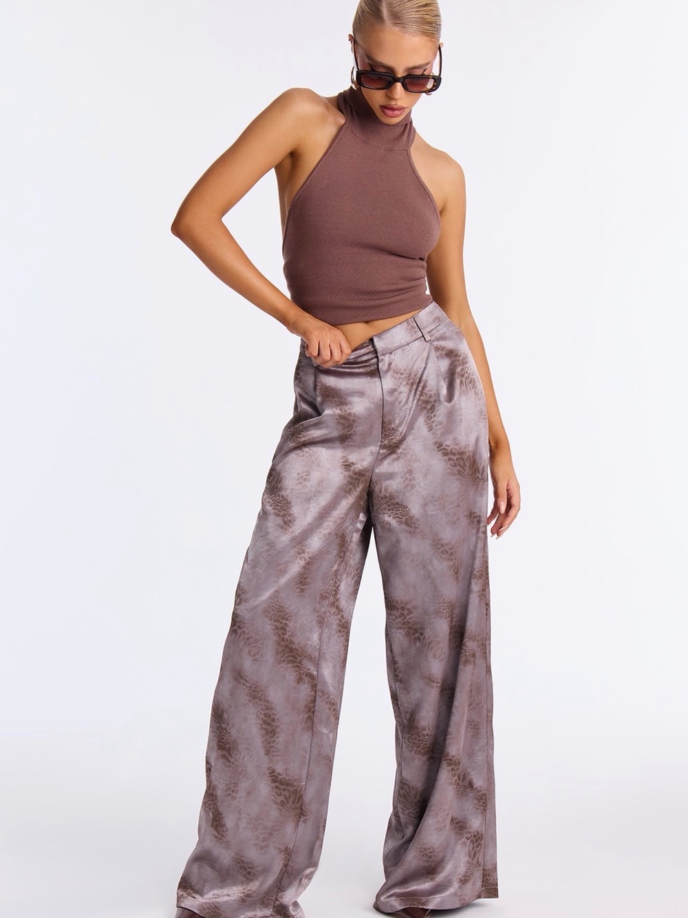 Fashion Nova Taupe Satin Wide Leg Pants